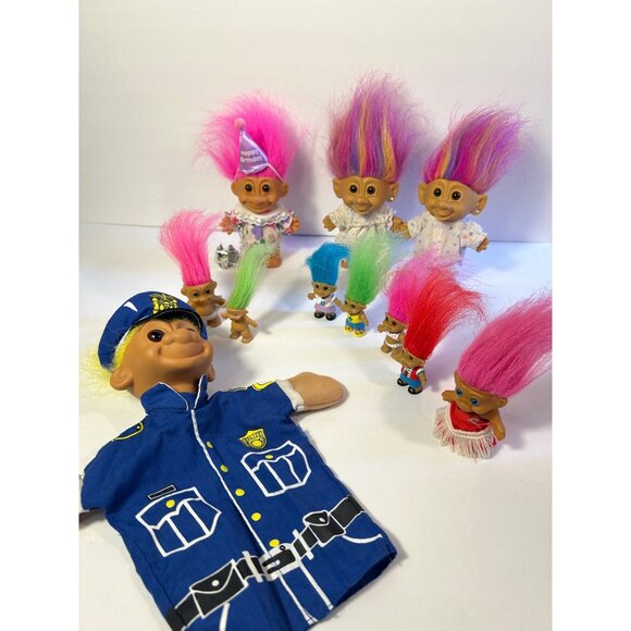 Russ Other - Vintage Assorted Troll Dolls Lot With Police Officer Hand Puppet & Colorful Hair